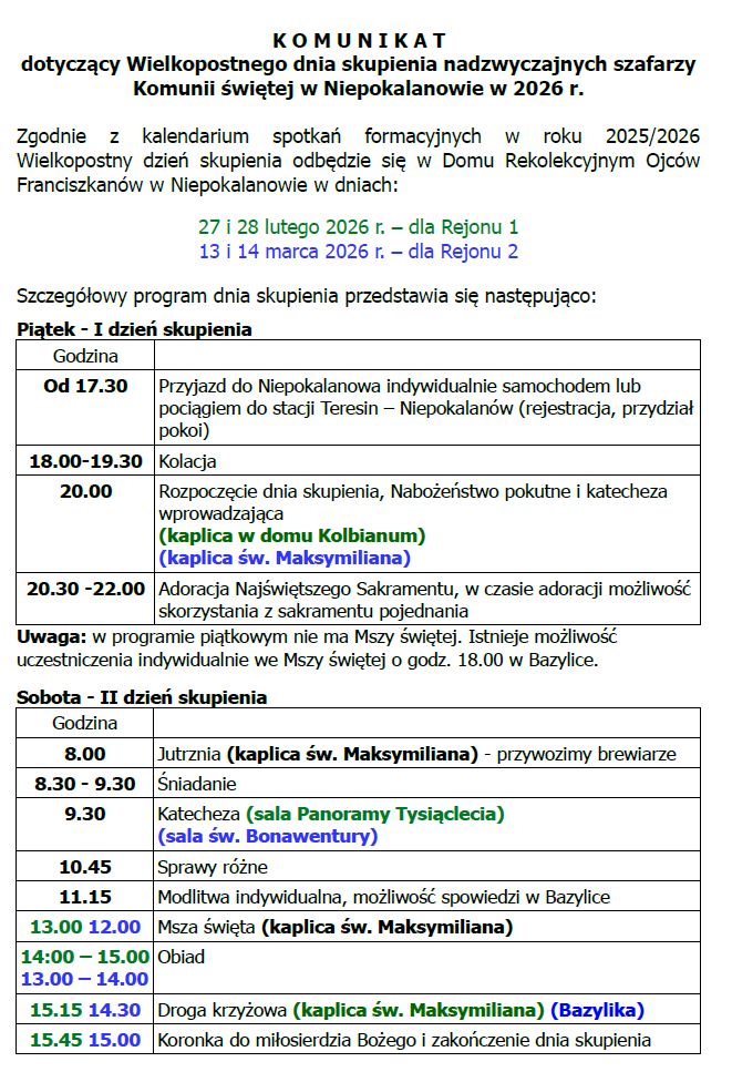 Komunikat ws. Dnia Skupienia w Niepokalanowie